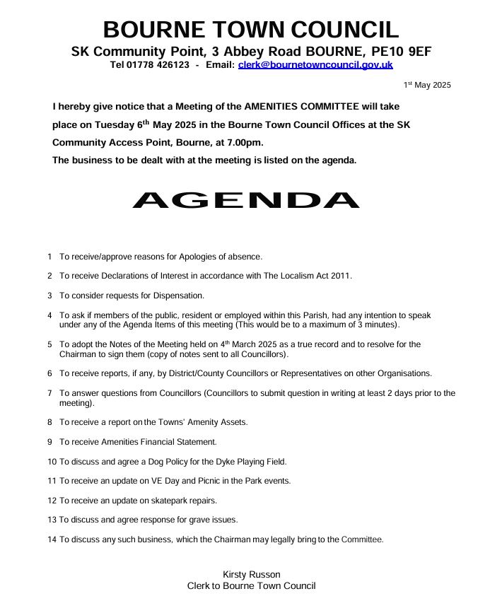 Please see the agenda for our Amenities meeting on 06/05/2025 at 7pm.