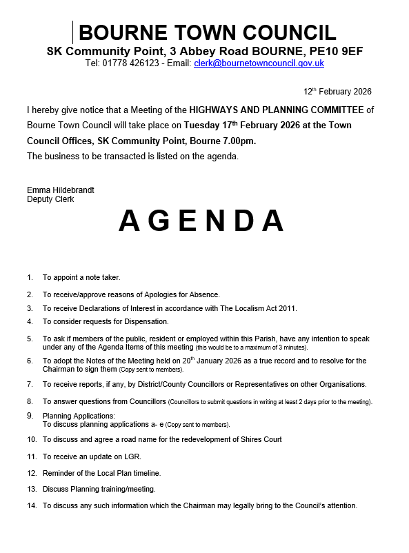 Please see Notice and Agenda for the Highways & Planning 