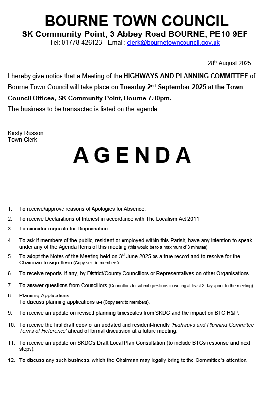 Please see Notice and Agenda for the Highways & Planning Meeting 7pm 02 September 2025