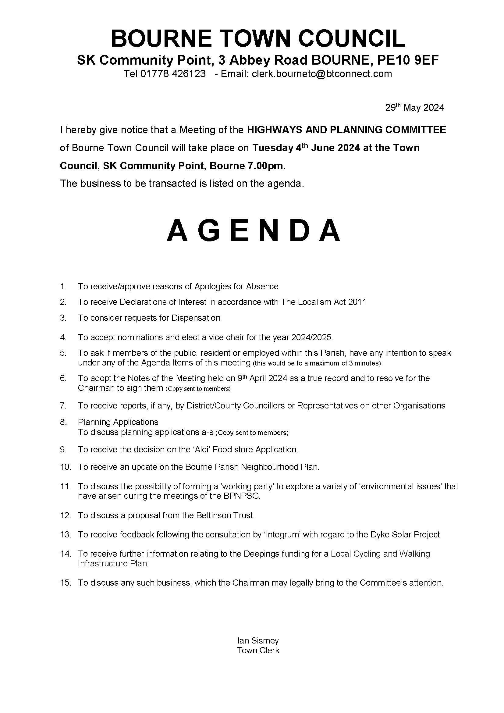 Agenda and Notice - Highways & Planning Meeting 4th June 2024