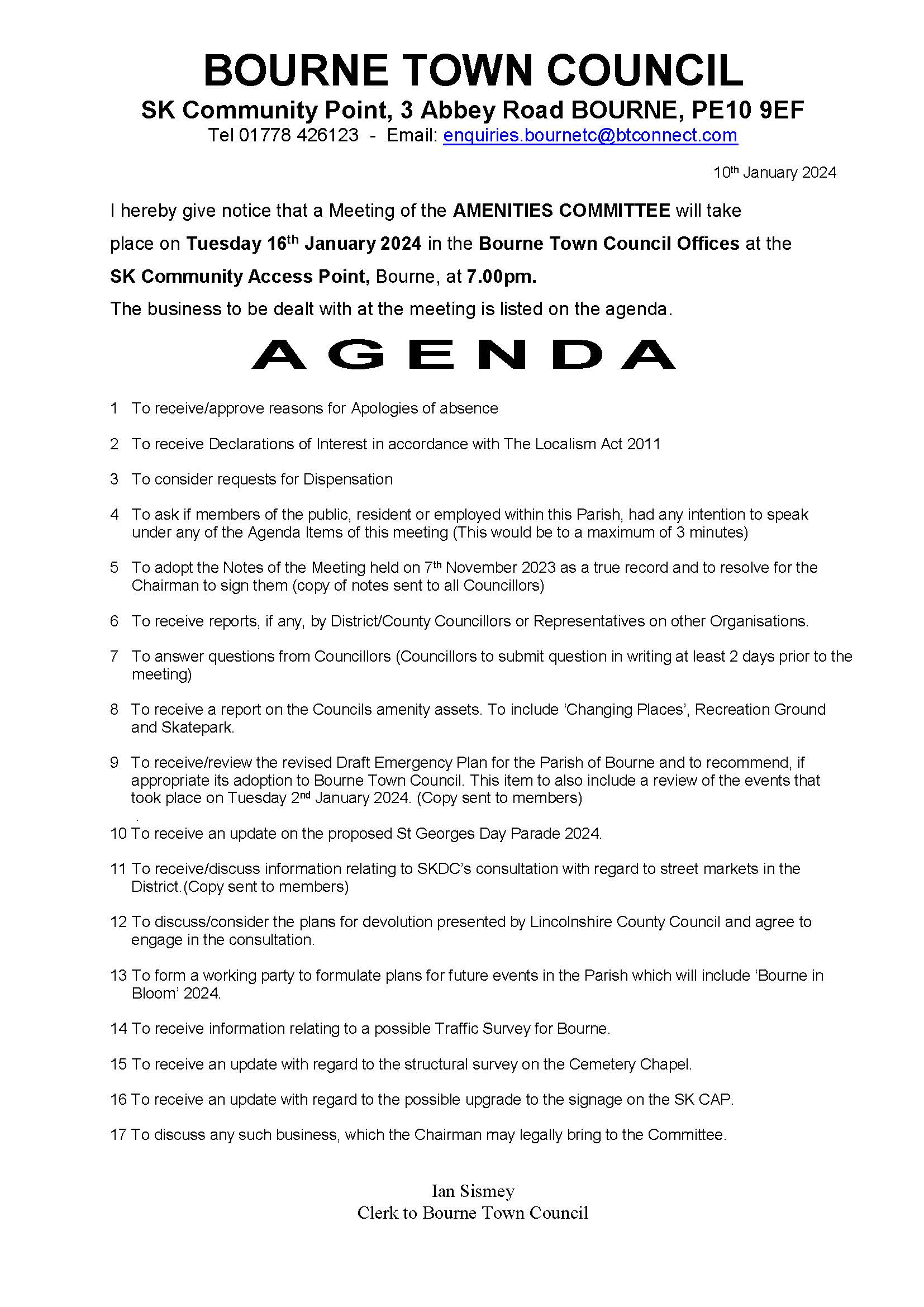 Notice and Agenda - Amenities Meeting 16/01/2024