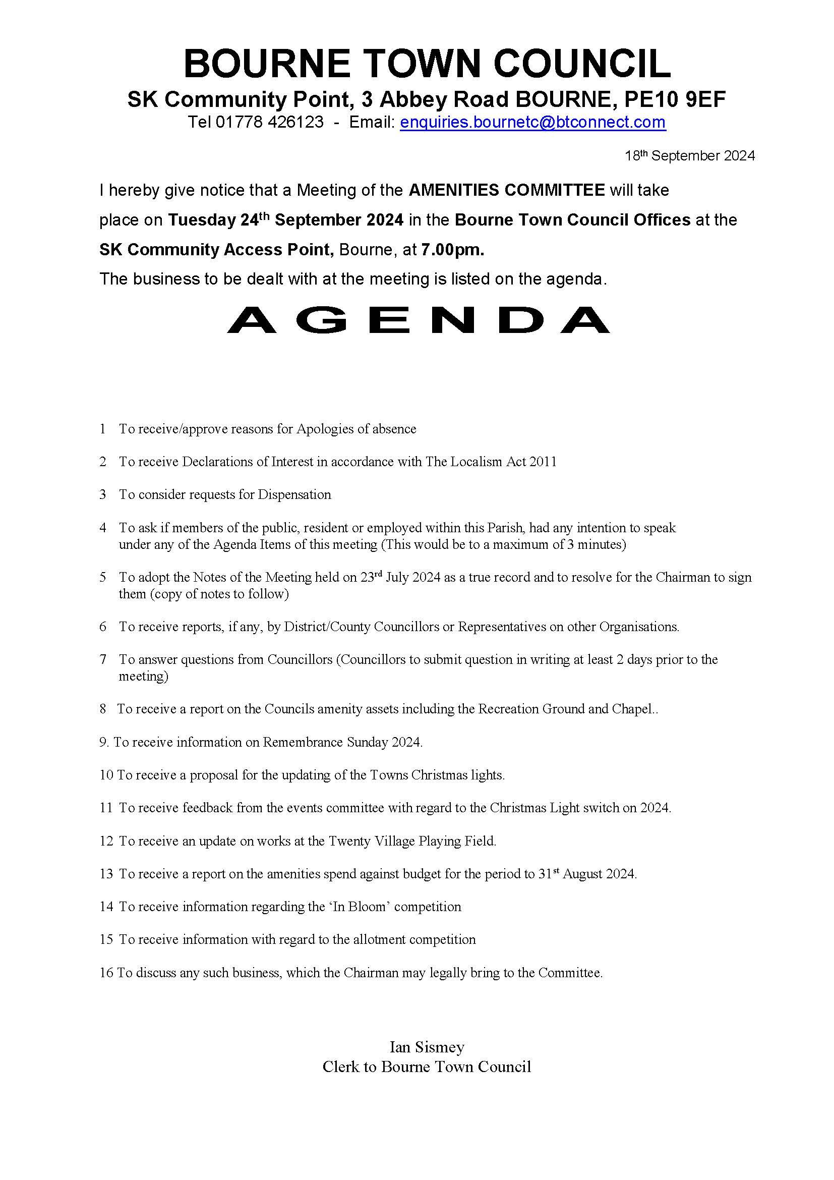 Agenda and notice Amenities 24/09/2024