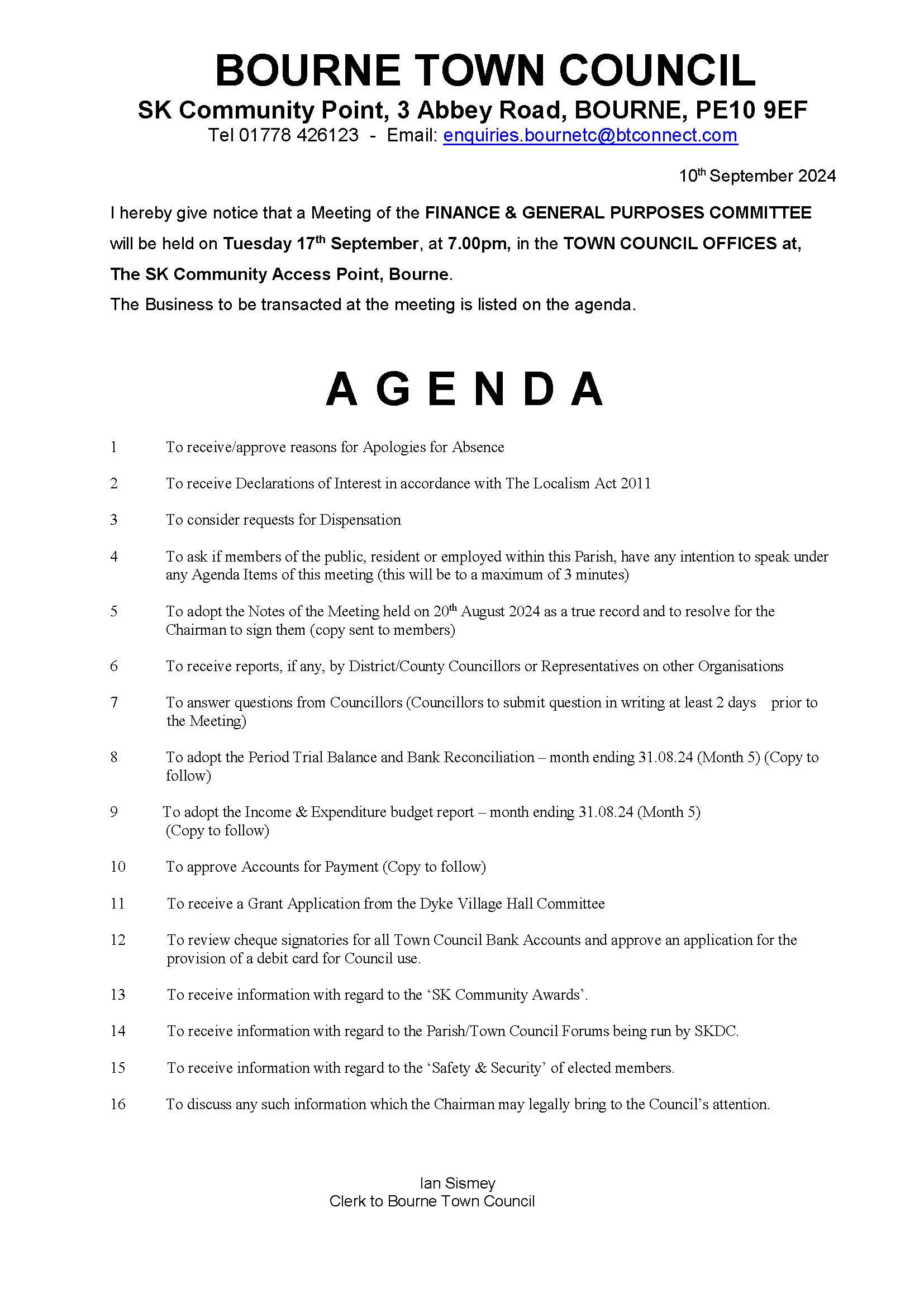 Please see Notice and Agenda for the Finance Committee Meeting, 7pm 17th September 2024.