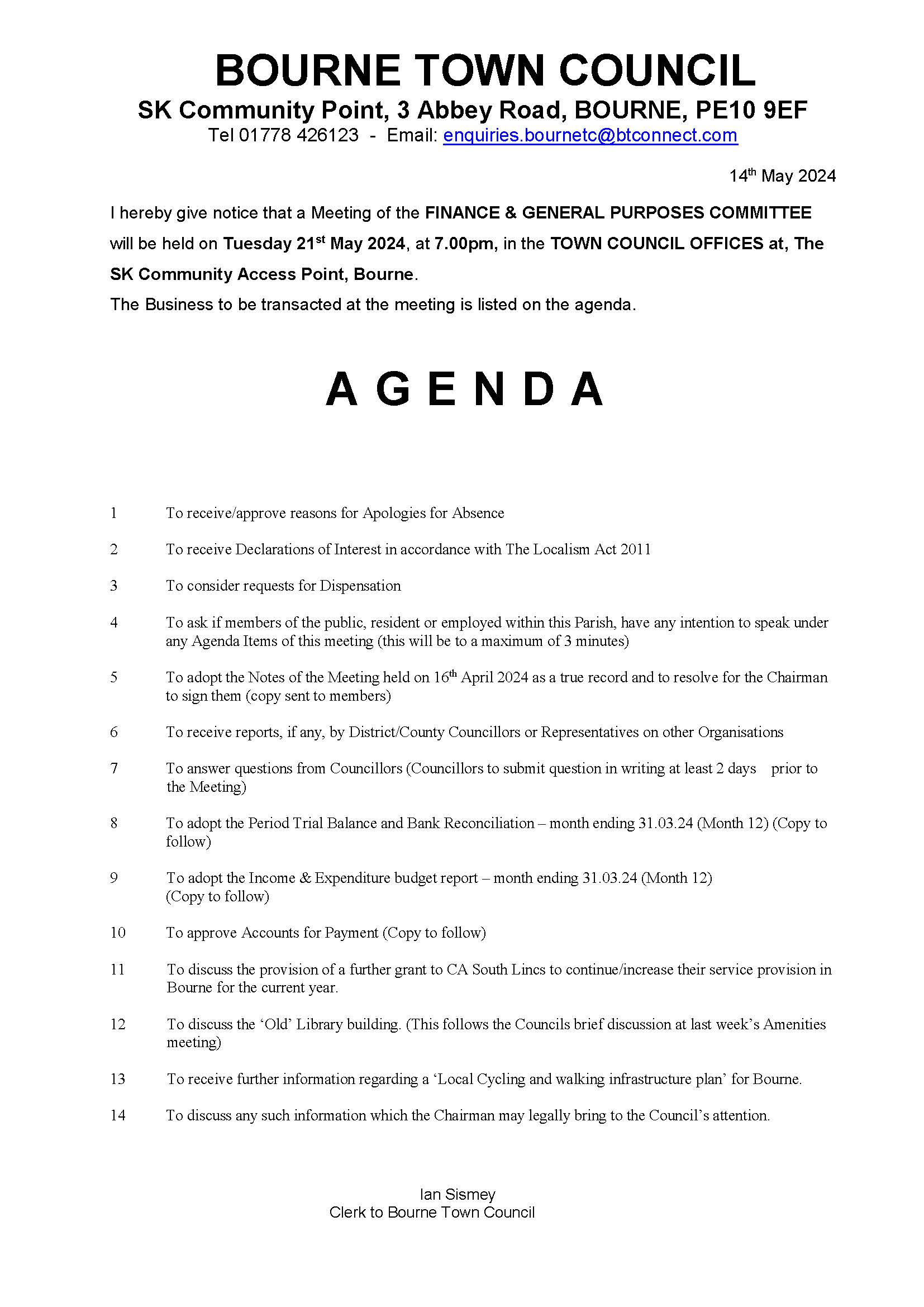 Agenda and notice finance 1