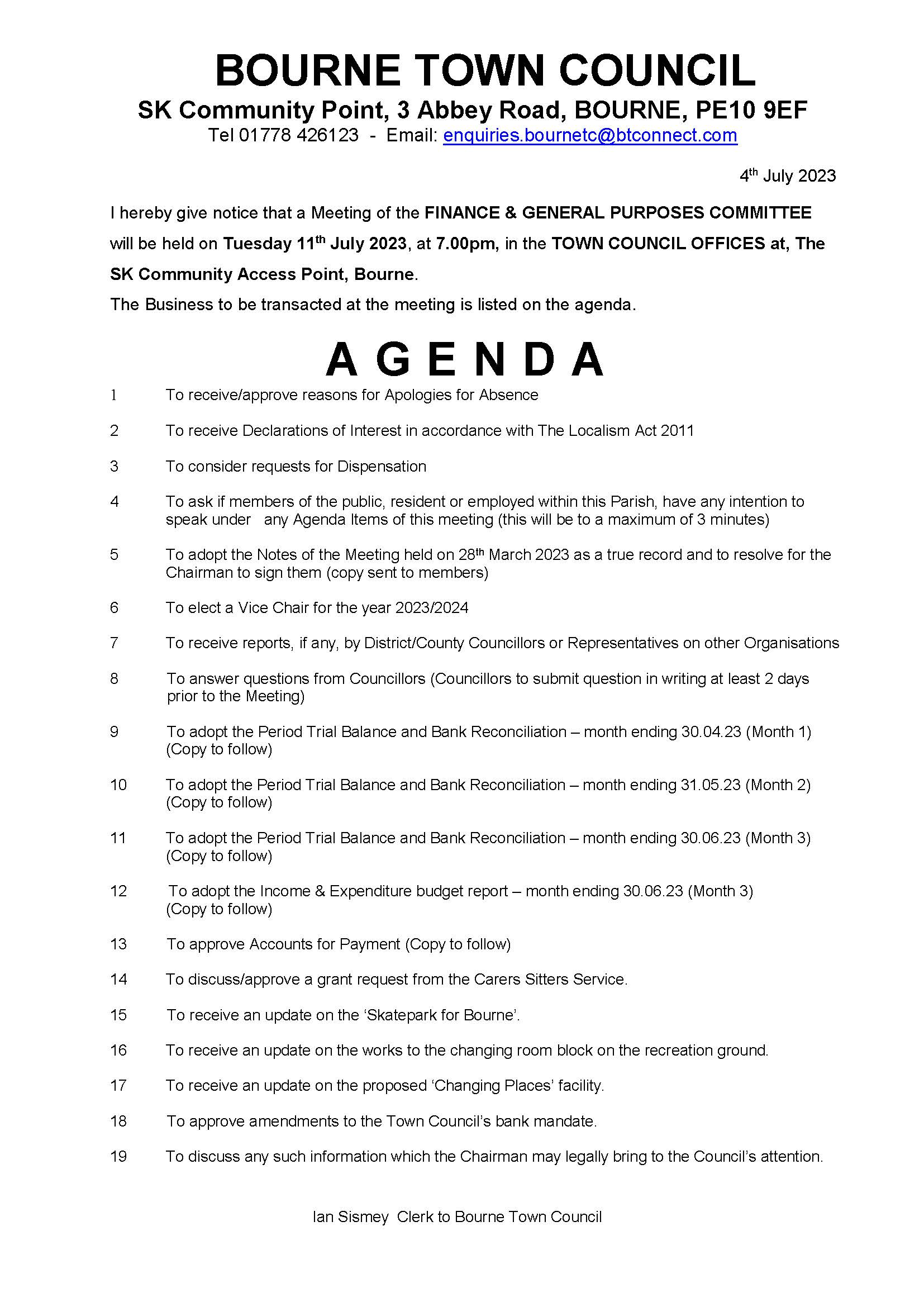 Agenda and Notice Finance and General Purposes Committee 11 July 2023