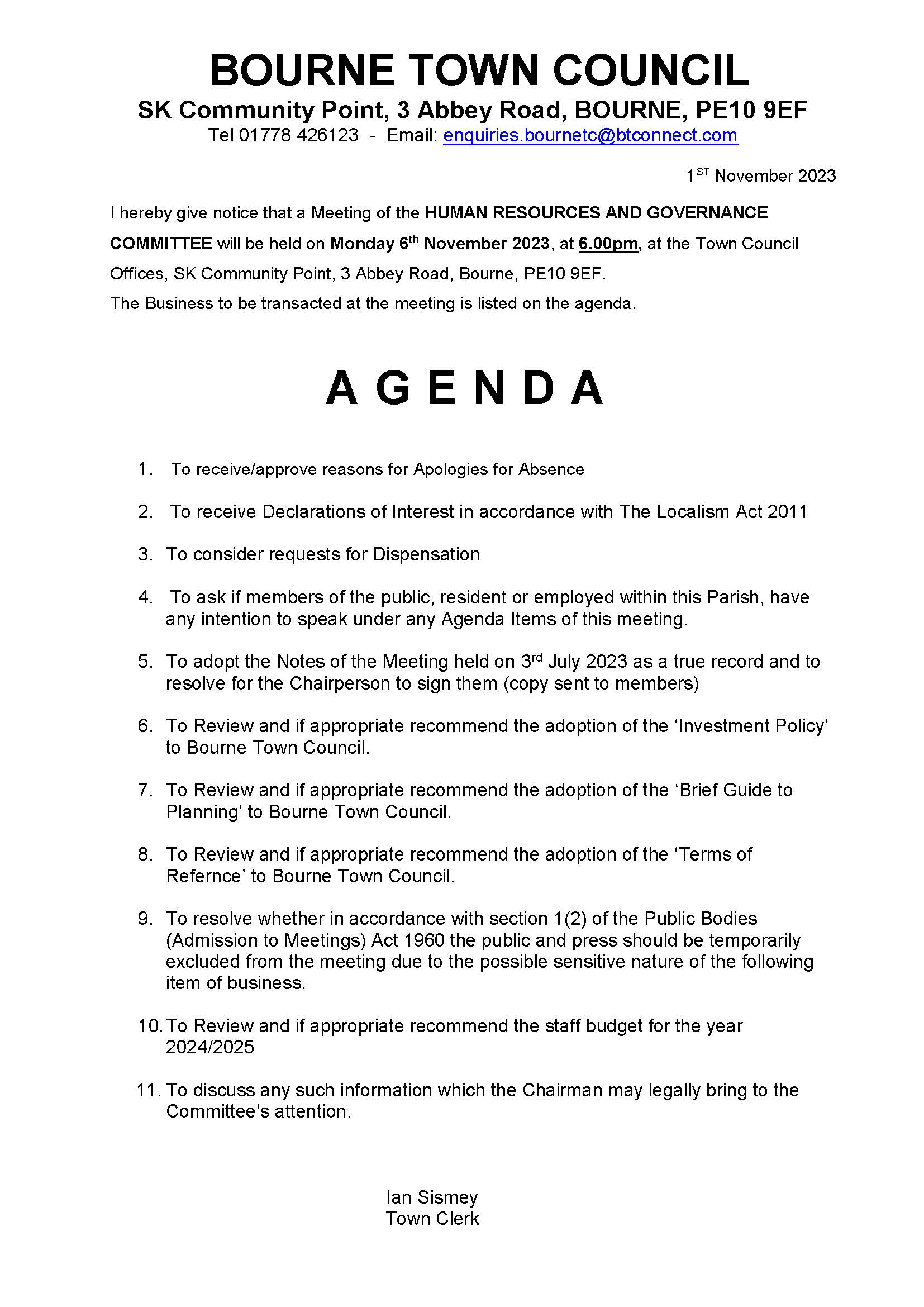 Notice and Agenda - Human Resources and Governance Committee Meeting 06/11/2023