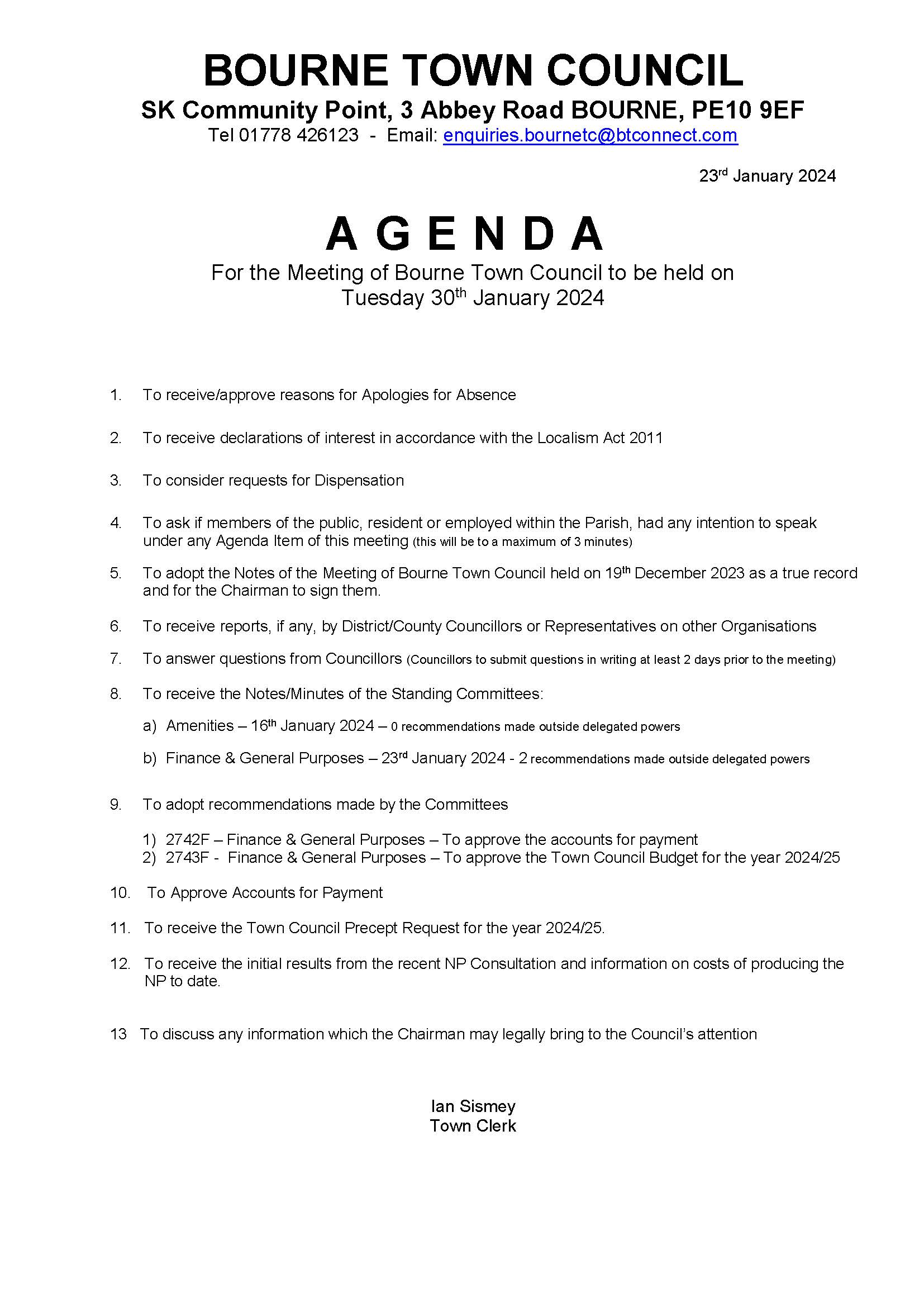Notice and Agenda - Full Council & Open Forum 30/01/2024