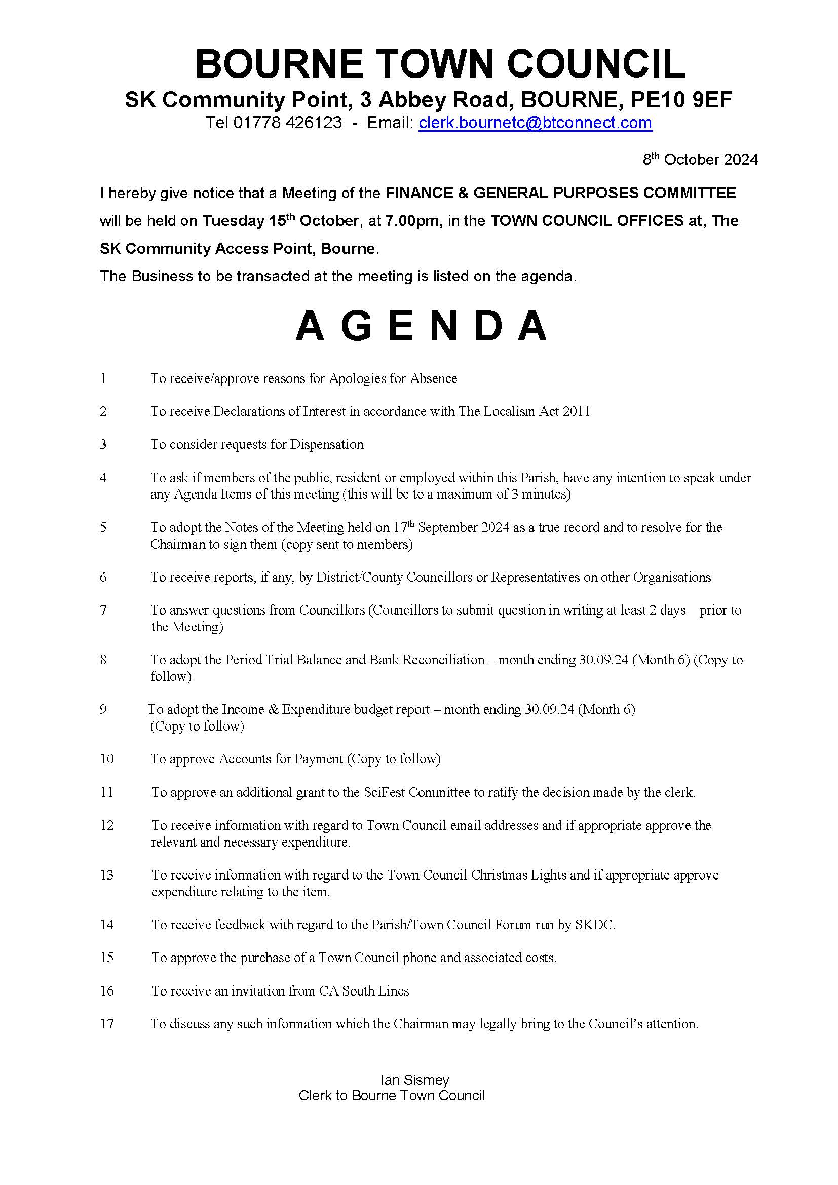 Agenda and Notice - Finance & General Purposes Committee Meeting