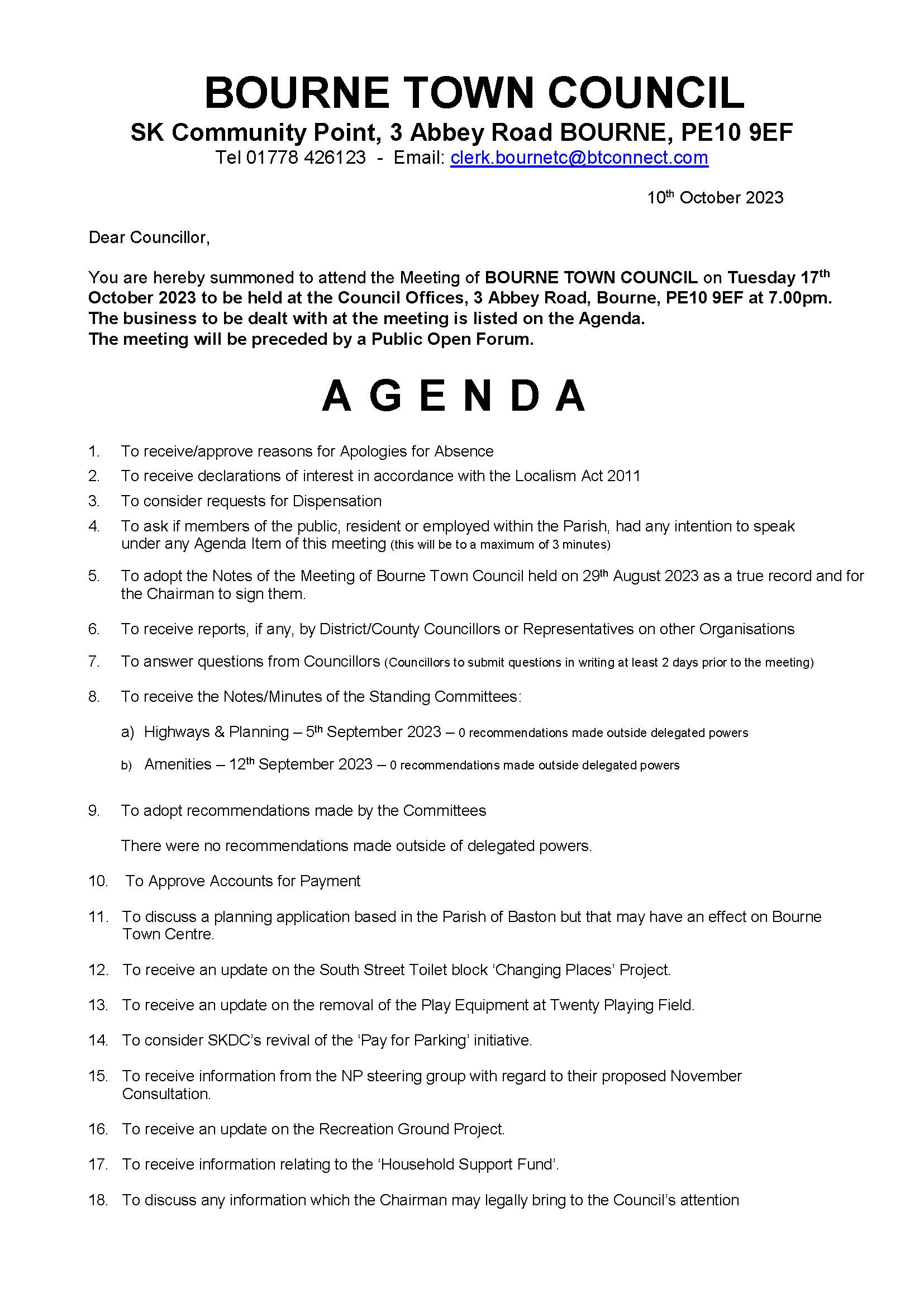 Agenda for Full Council & Open Forum 17 October 2023