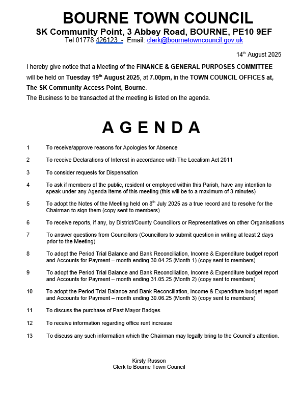 Agenda and Notice - Finance & General Purposes Committee Meeting 14 August 2025