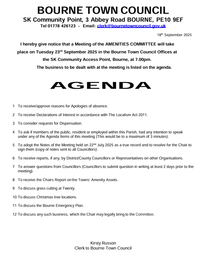Please see the notice and agenda for our Amenities meeting on 23/09/25 at 7pm.