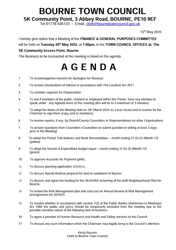 Agenda & Notice for Finance and General Purposes Meeting 20 May 2025 at 7pm