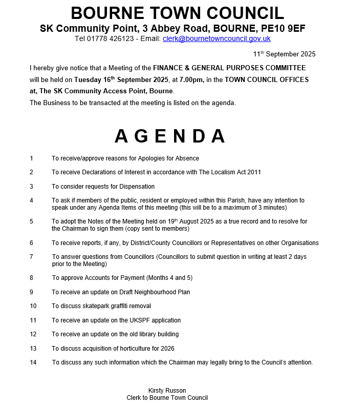 Please see our Agenda and Notice for the Finance and General Purposes Committee Meeting on the 16 September at 7pm