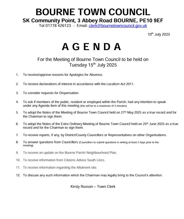 Please see Notice and Agenda for Full Council & Open Forum Meeting on Tuesday 15 July 2025 at 7pm