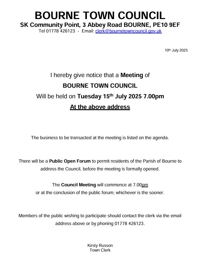 Please see Notice and Agenda for Full Council & Open Forum Meeting on Tuesday 15 July 2025 at 7pm