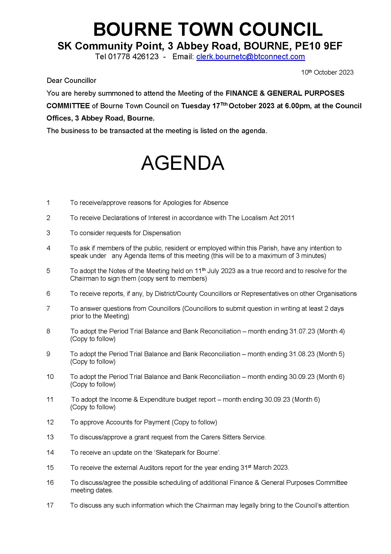 Finance and general purposes agenda 171023