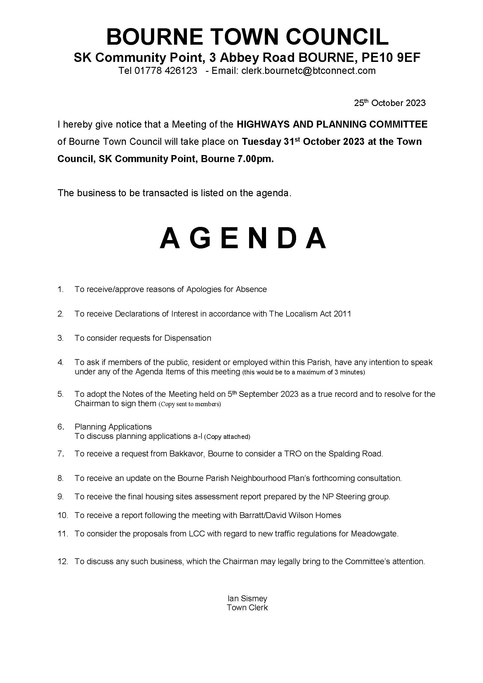Notice and Agenda - Highways & Planning Meeting 31/10/2023