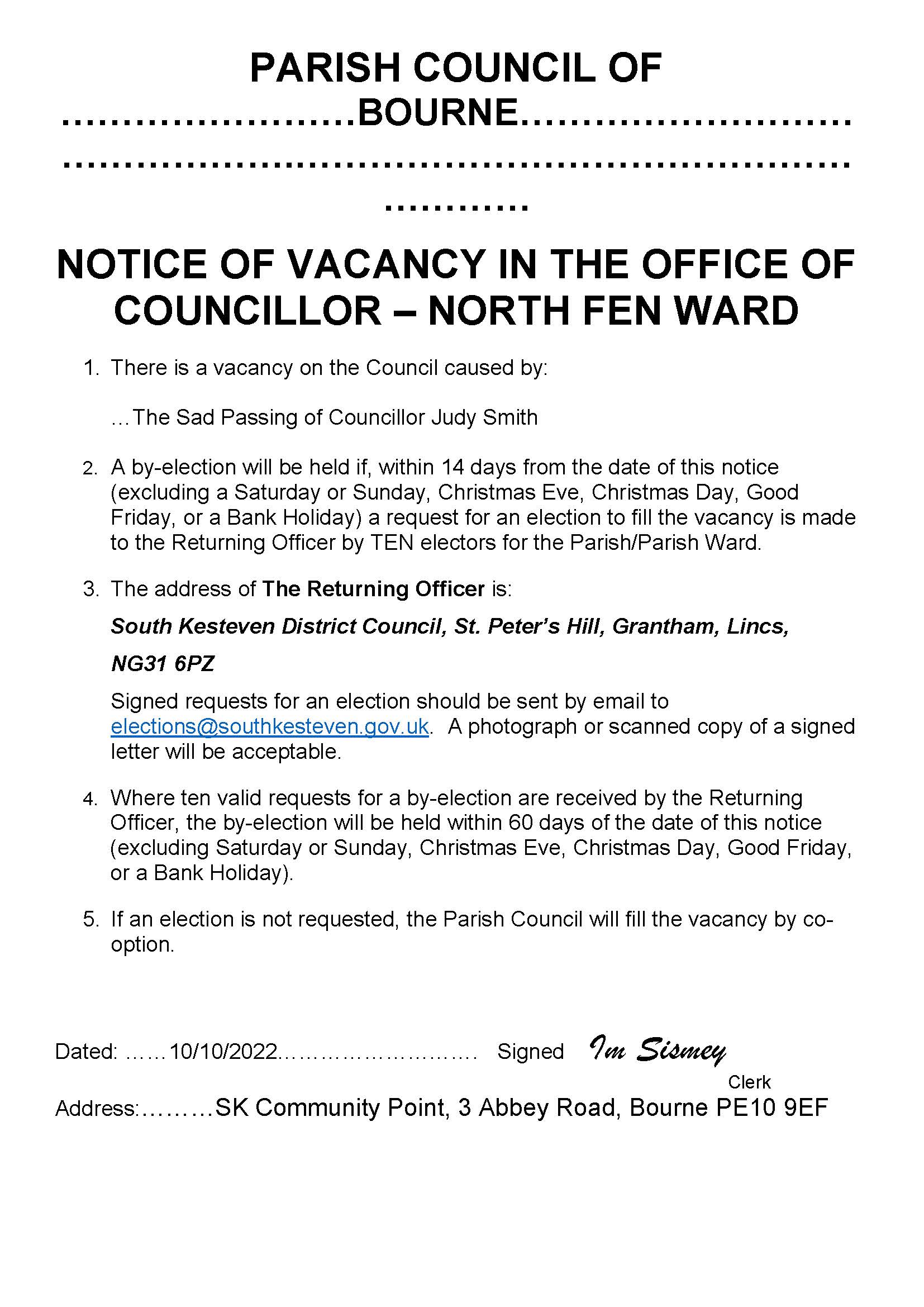 Parish Council Vacancy Notice Bourne